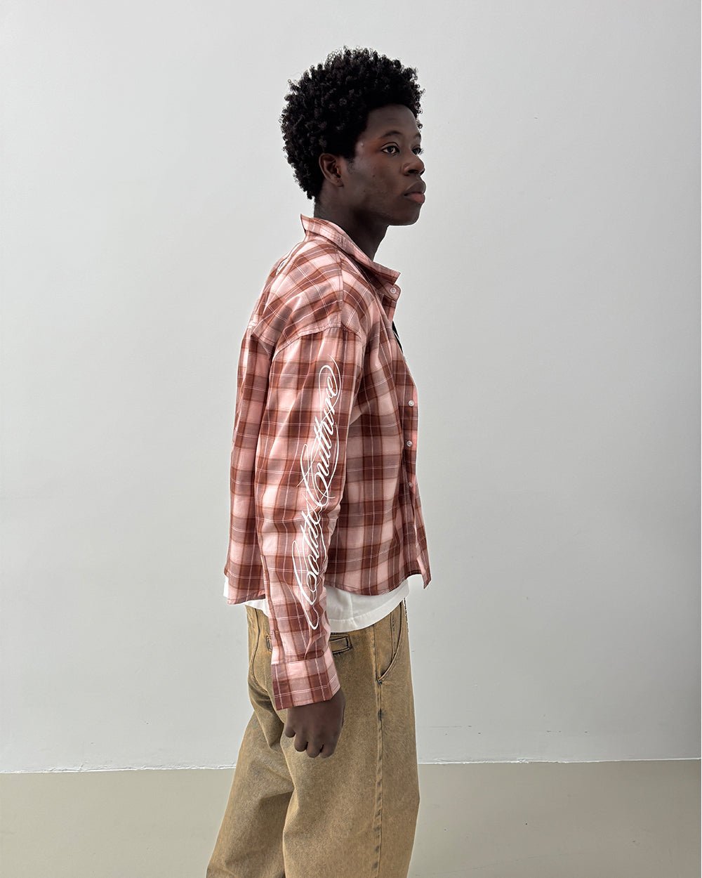 ON MY WAY LONGSLEEVE SHIRT PINK - pink plaid long sleeve shirt, side view - Cold Culture #man