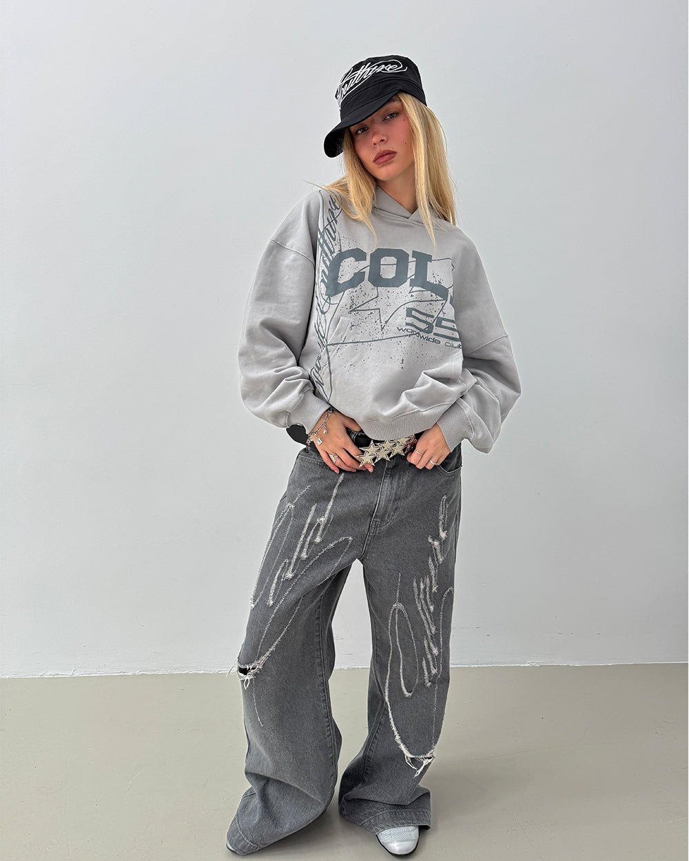 ON ROAD HOODIE GREY & GREEN - grey graphic print hoodie, front view on female model - Cold Culture #woman