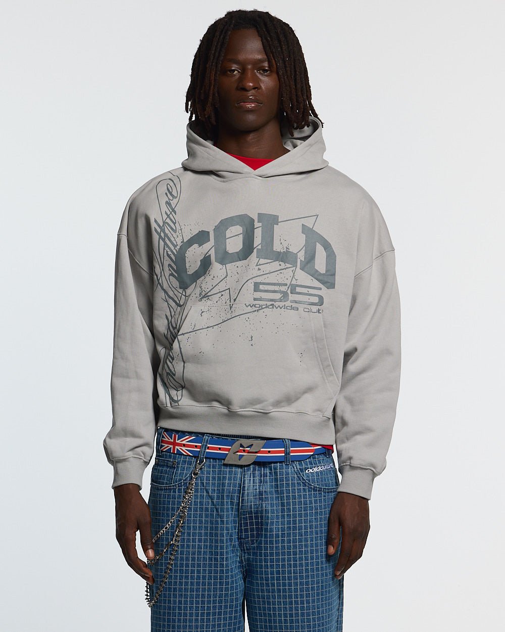 ON ROAD HOODIE GREY & GREEN - grey graphic print hoodie, front view on male model - Cold Culture #man