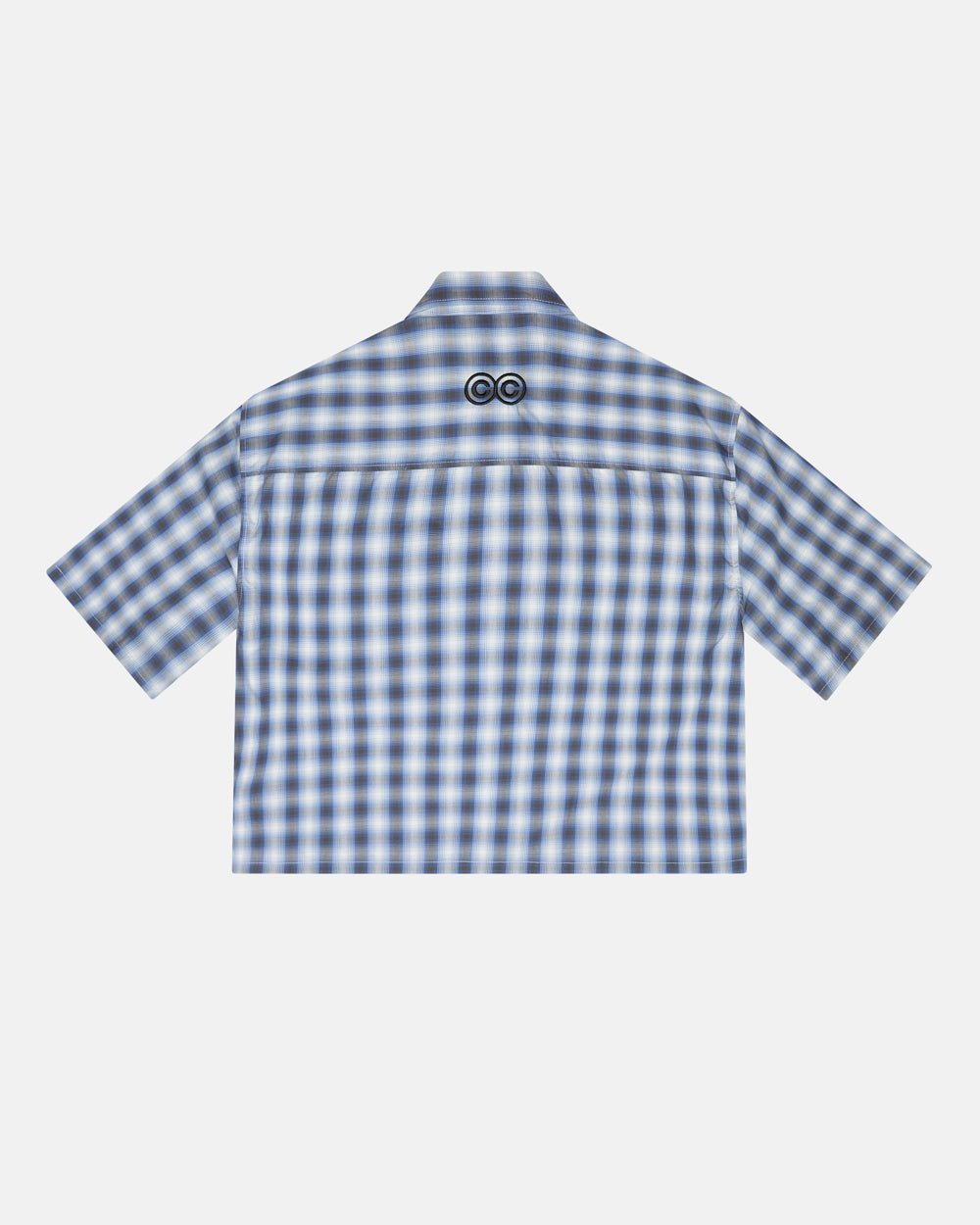 ONE POCKET SHIRT BLURRED BLUE - blue checked short sleeve shirt, back view - Cold Culture #packshot
