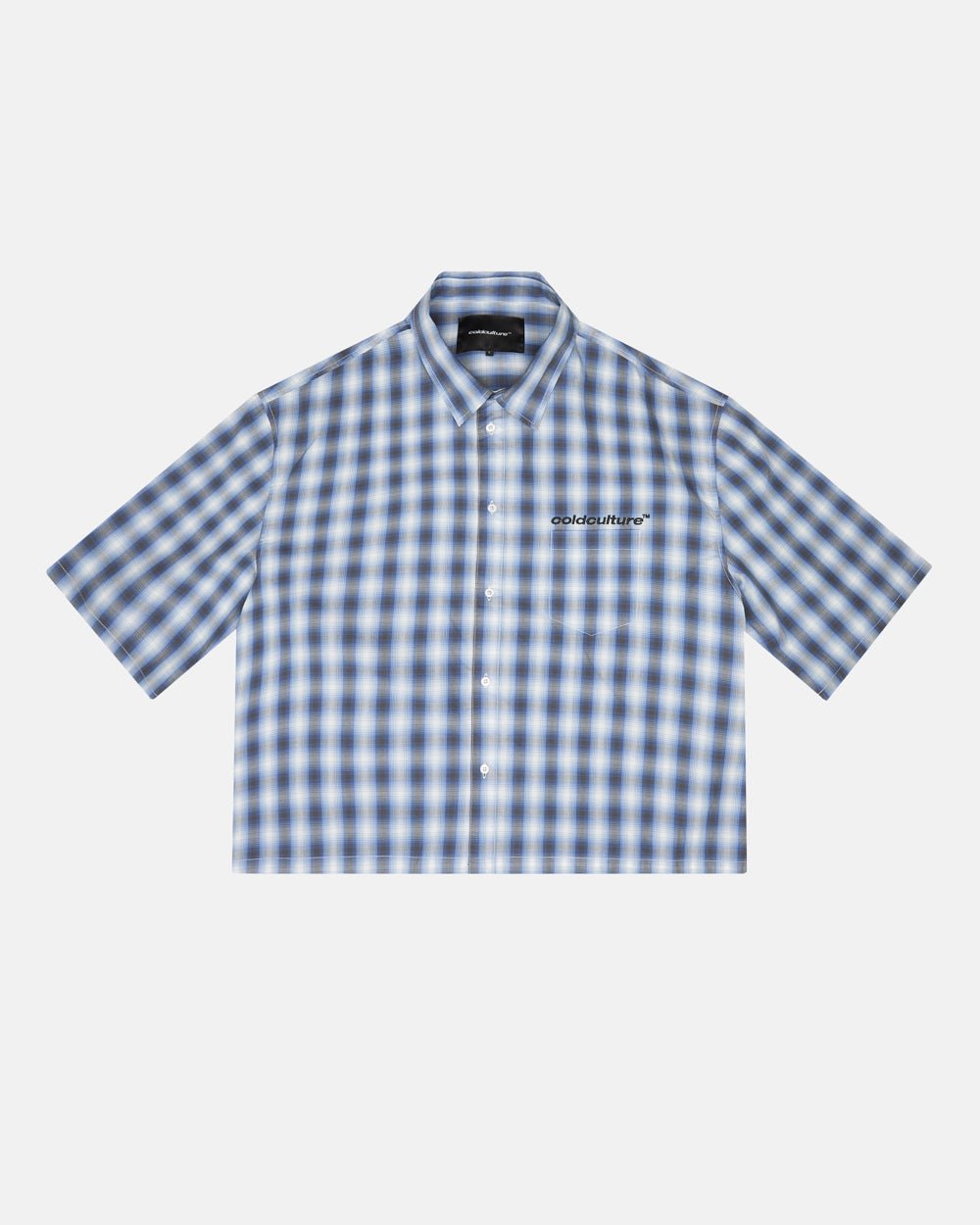 ONE POCKET SHIRT BLURRED BLUE - blue checked short sleeve shirt, front view - Cold Culture #packshot