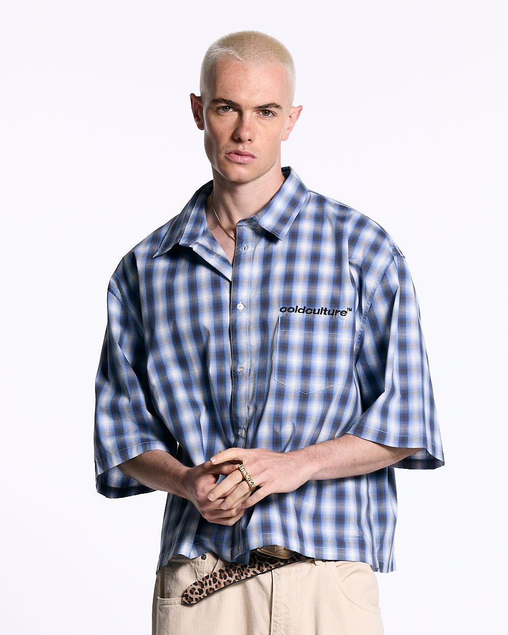 ONE POCKET SHIRT BLURRED BLUE - blue checked short sleeve shirt, front view on male model - Cold Culture #man