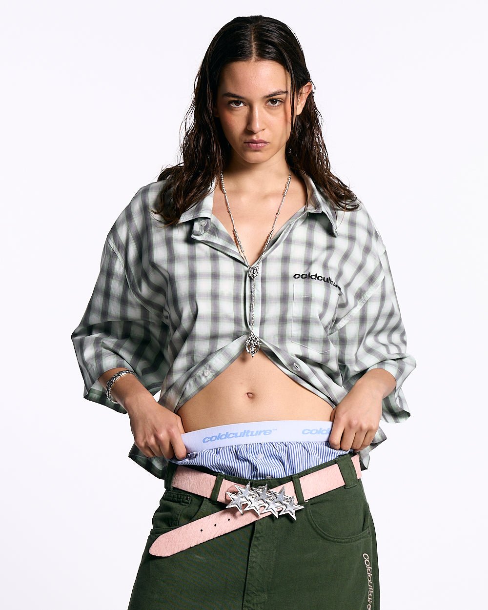 ONE POCKET SHIRT BLURRED GREEN - green checked short sleeve shirt, front view on female model - Cold Culture #woman
