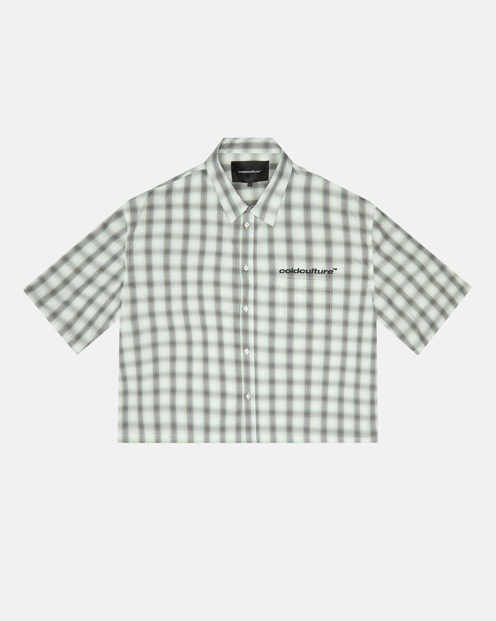 ONE POCKET SHIRT BLURRED GREEN - green checked short sleeve shirt, front view - Cold Culture #packshot