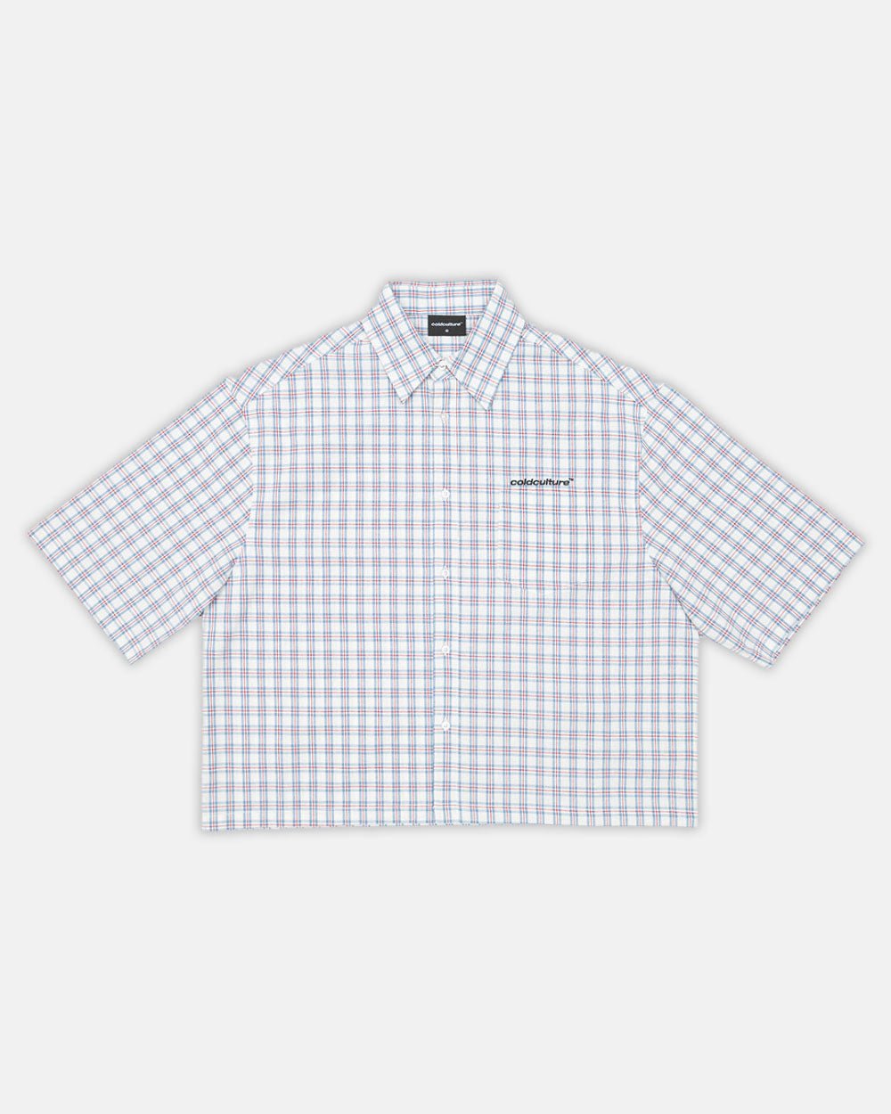 ONE POCKET SHIRT SQUARE MOTIF - grey checked short sleeve shirt, front view - Cold Culture #packshot