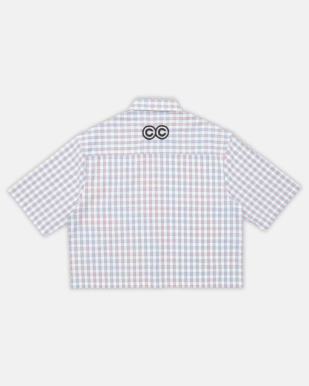 ONE POCKET SHIRT SQUARE MOTIF - grey checked short sleeve shirt, back view - Cold Culture #packshot