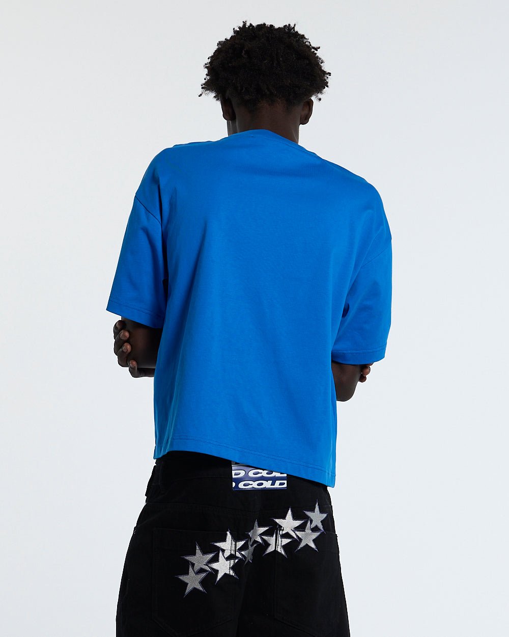 OOPS! TEE BLUE - blue graphic print tee, back view on male model - Cold Culture #man