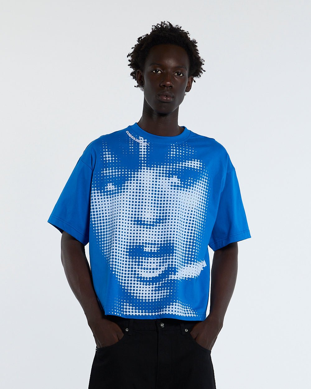 OOPS! TEE BLUE - blue graphic print tee, front view on male model - Cold Culture #man