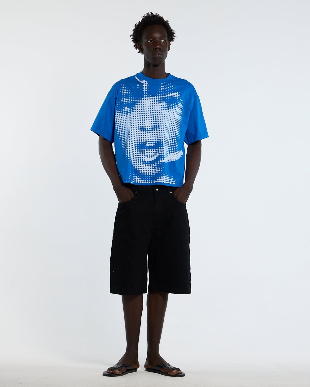 OOPS! TEE BLUE - blue graphic print tee, front view on male model - Cold Culture #man