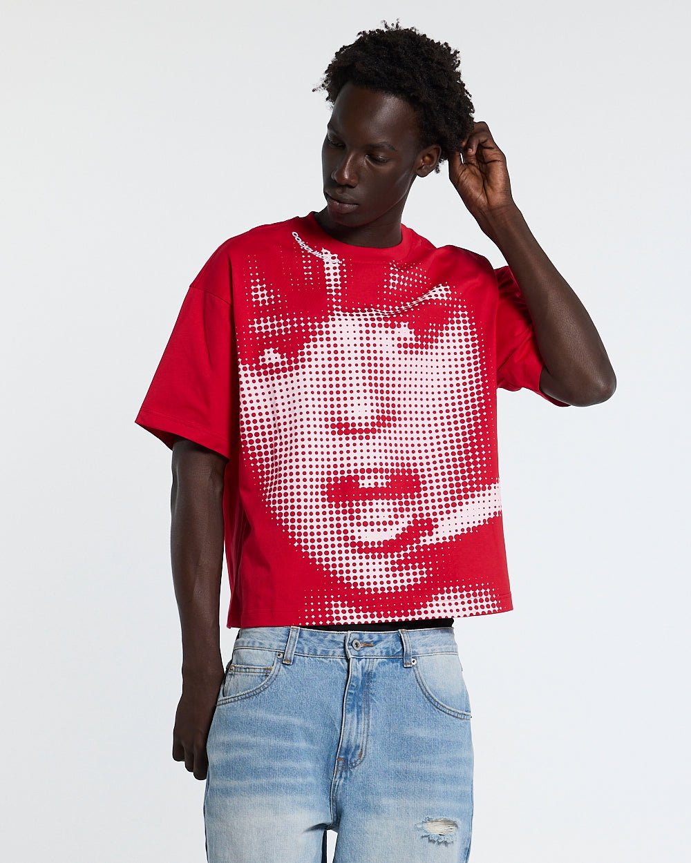 OOPS! TEE RED - red graphic print tee, front view on male model - Cold Culture #man