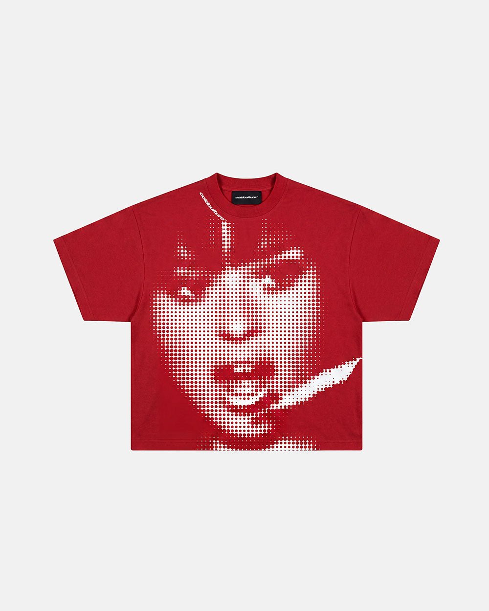 OOPS! TEE RED - red graphic print tee, front view - Cold Culture #packshot