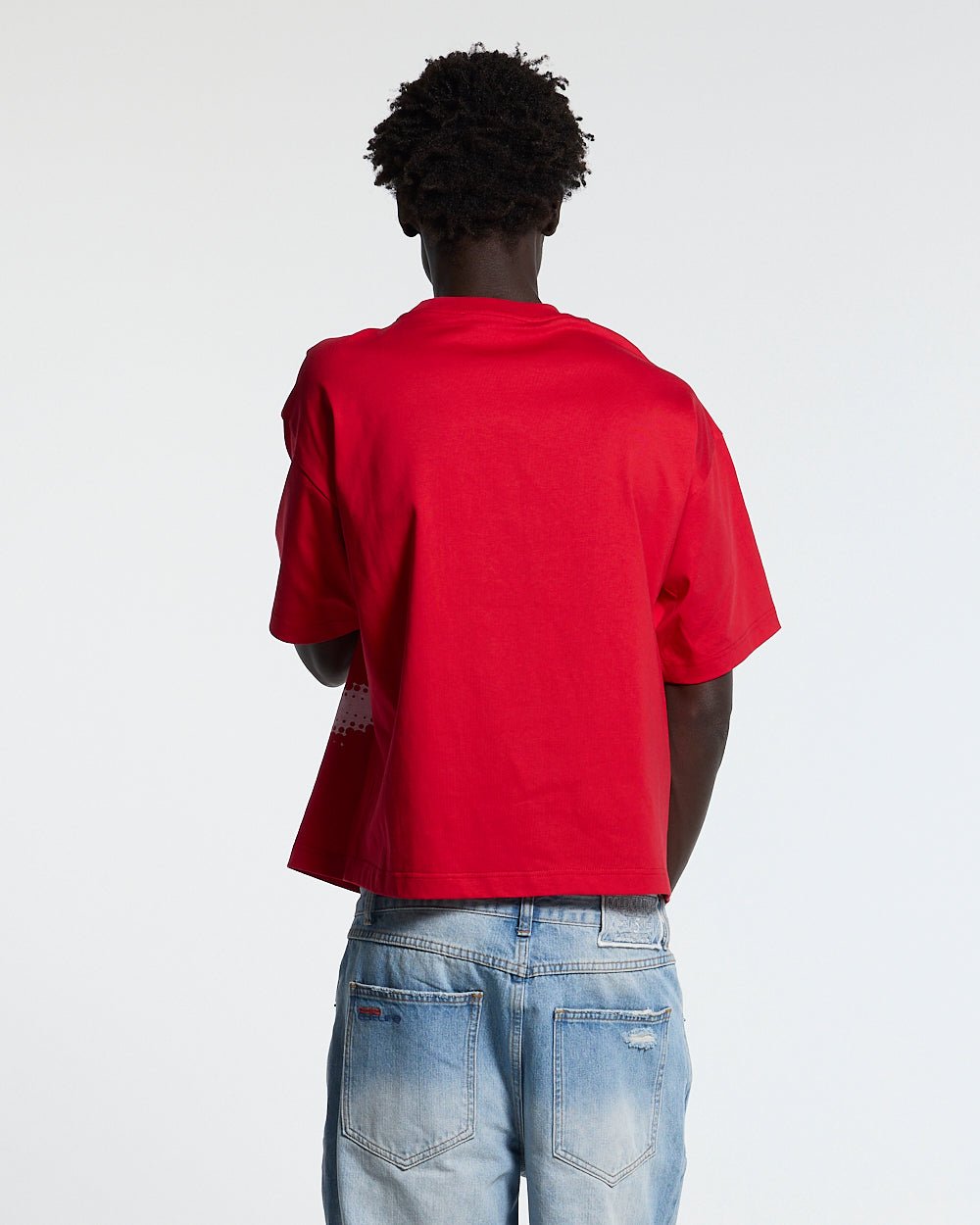 OOPS! TEE RED - red graphic print tee, back view on male model - Cold Culture #man