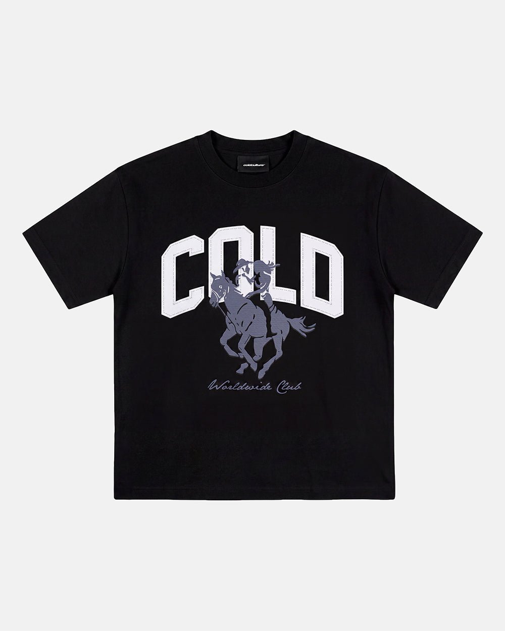 OPERA TEE BLACK - black horse print tee, front view - Cold Culture #packshot