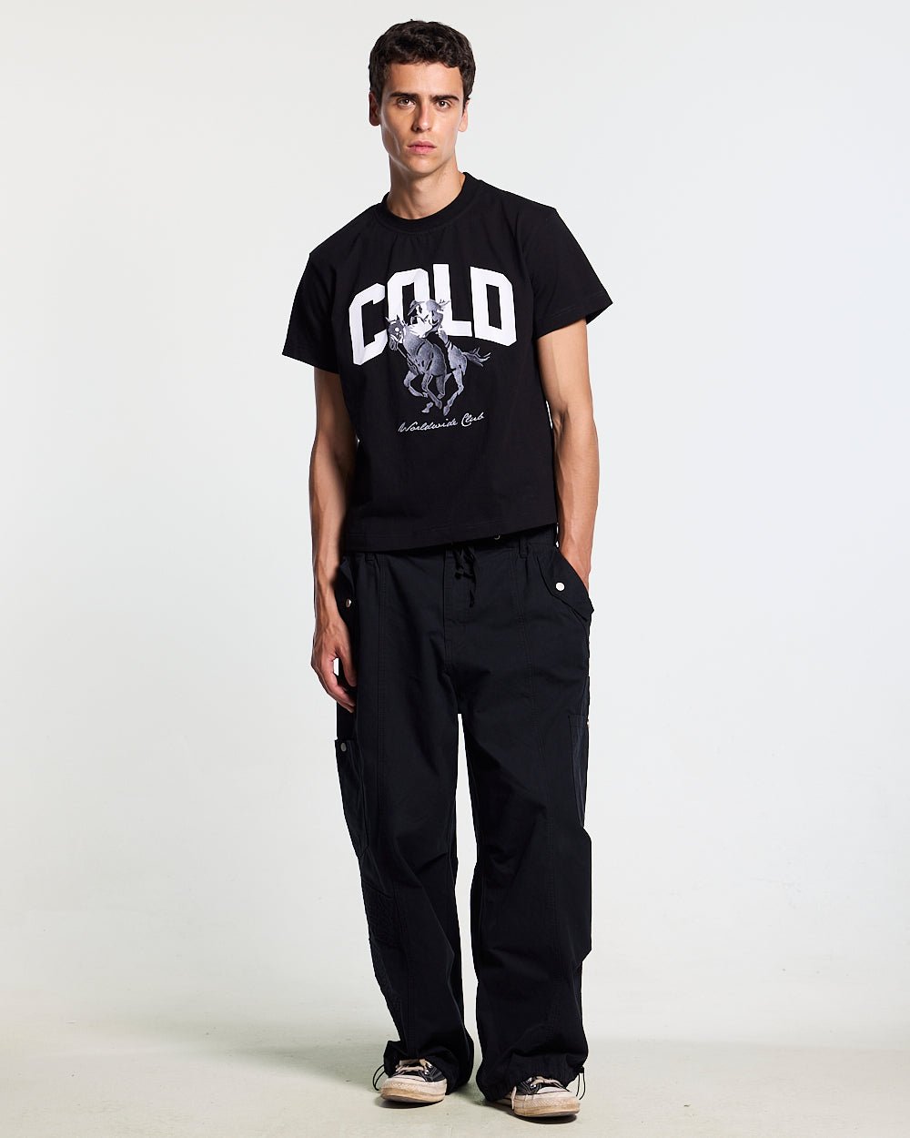 OPERA TEE BLACK - black horse print tee, front view on male model - Cold Culture #man