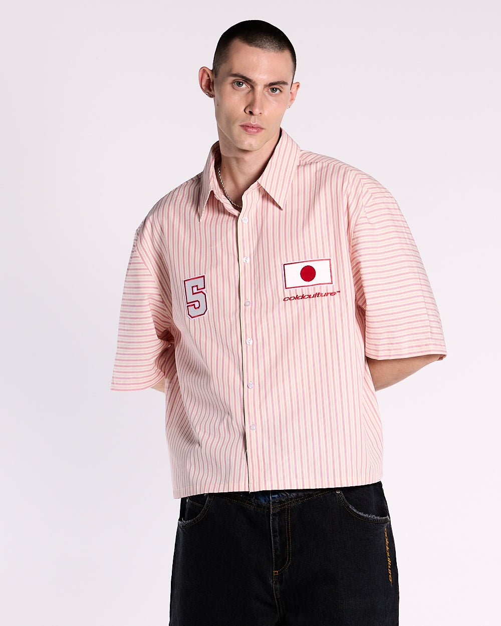 OSAKA SHIRT MIX PINK - pink striped short sleeve shirt, front view on male model - Cold Culture #man
