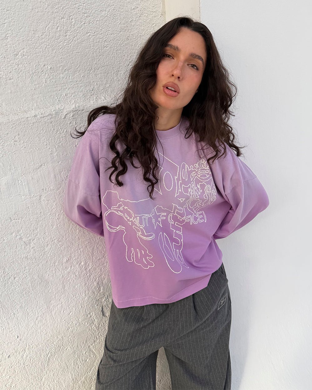 OUT OF THE OFFICE LONGSLEEVE PINK - pink graphic print longsleeve tee, street style shot - Cold Culture #woman