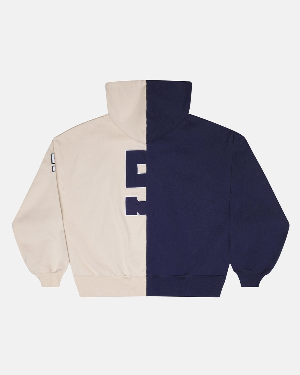 OUTLAW MOOD ZIP HOODIE IVORY GREY & DARK BLUE - navy and ivory zip-up hoodie, back view - Cold Culture #packshot