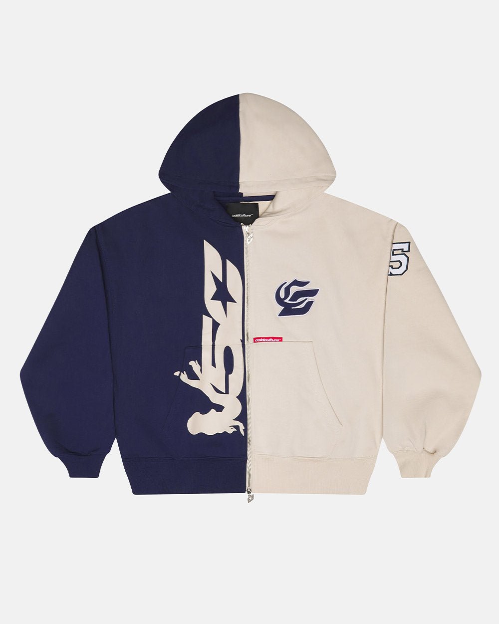 OUTLAW MOOD ZIP HOODIE IVORY GREY & DARK BLUE - navy and ivory zip-up hoodie, front view - Cold Culture #packshot