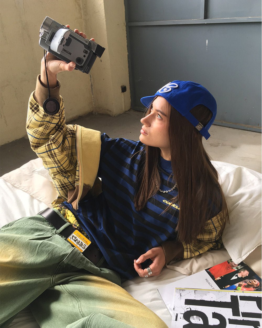 PARDON ME LONGSLEEVE BLACK & BLUE - black and blue striped longsleeve tee, street style shot - Cold Culture #woman