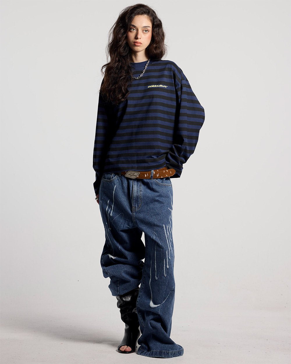 PARDON ME LONGSLEEVE BLACK & BLUE - black and blue striped longsleeve tee, front view on female model - Cold Culture #woman