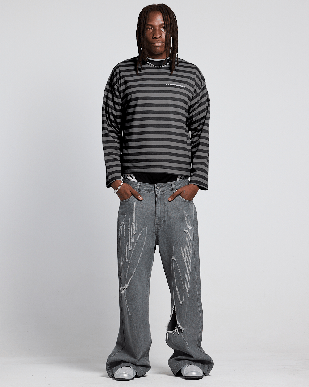 PARDON ME LONGSLEEVE BLACK & GREY - grey and black striped longsleeve tee, front view on male model - Cold Culture #man