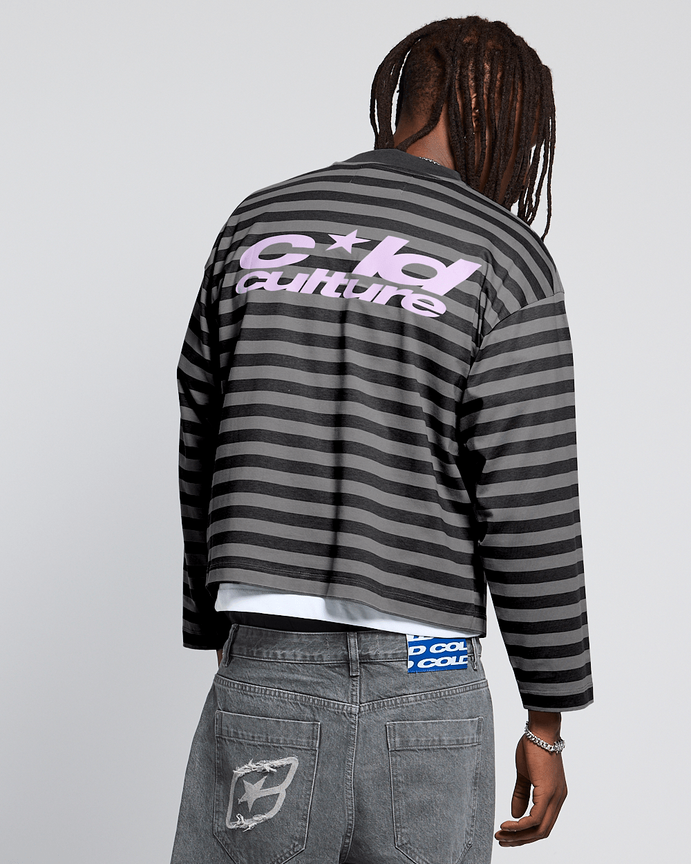 PARDON ME LONGSLEEVE BLACK & GREY - grey and black striped longsleeve tee, back view on male model - Cold Culture #man