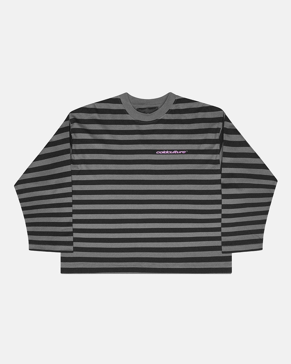 PARDON ME LONGSLEEVE BLACK & GREY - grey and black striped longsleeve tee, front view - Cold Culture #packshot