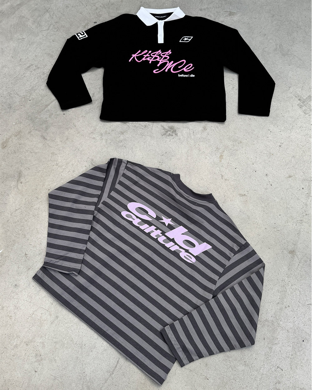 PARDON ME LONGSLEEVE BLACK & GREY - grey and black striped longsleeve tee, flat lay - Cold Culture