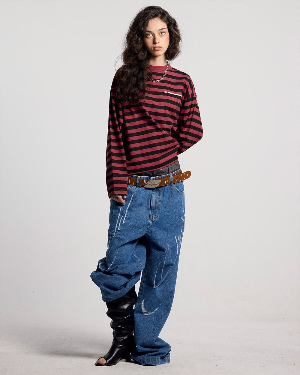 PARDON ME LONGSLEEVE BLACK & RED - black and red striped longsleeve tee, front view on female model - Cold Culture #woman