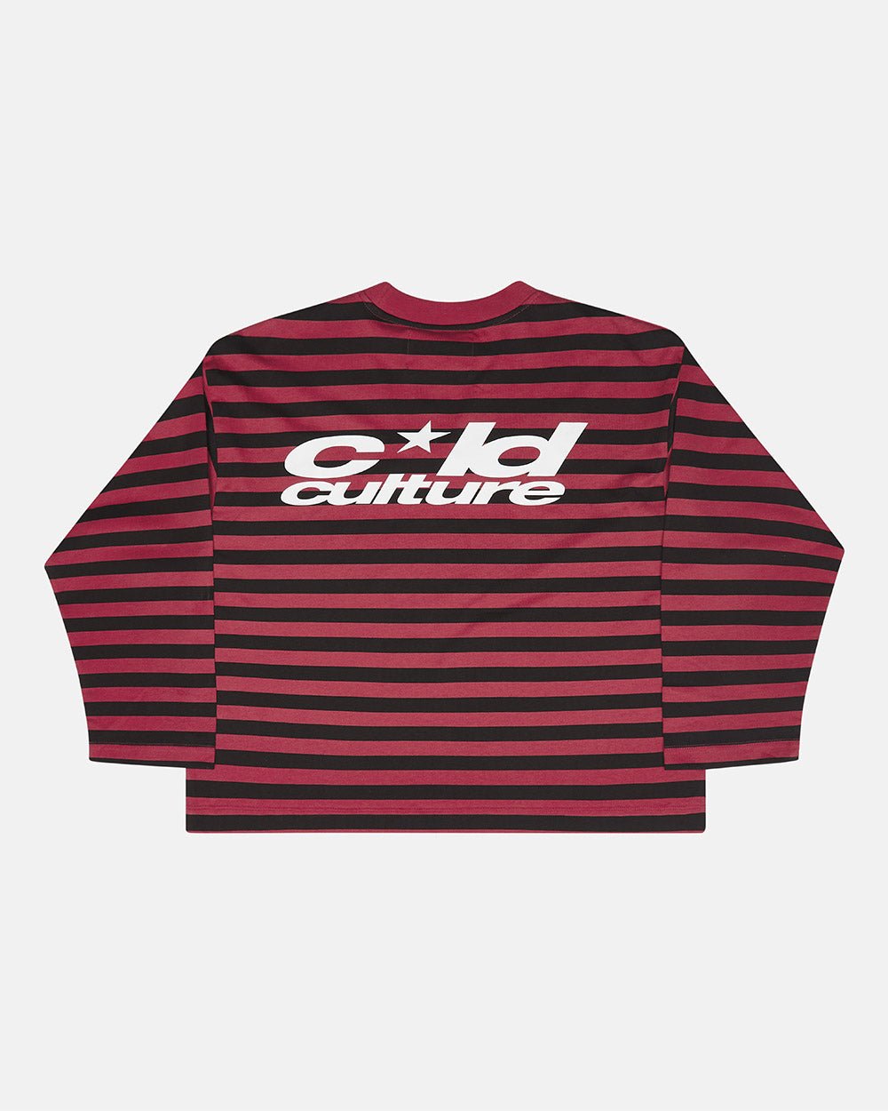 PARDON ME LONGSLEEVE BLACK & RED - black and red striped longsleeve tee, back view - Cold Culture #packshot