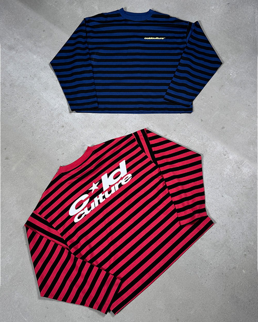PARDON ME LONGSLEEVE BLACK & RED - black and red striped longsleeve tee, flat lay with matching pieces - Cold Culture