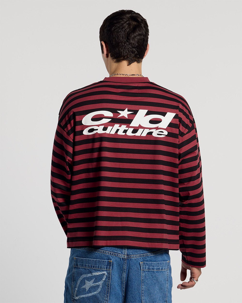 PARDON ME LONGSLEEVE BLACK & RED - black and red striped longsleeve tee, back view on male model - Cold Culture #man