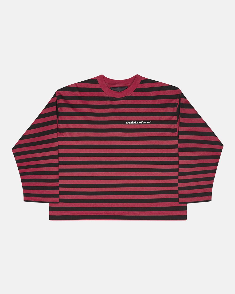 PARDON ME LONGSLEEVE BLACK & RED - black and red striped longsleeve tee, front view - Cold Culture #packshot