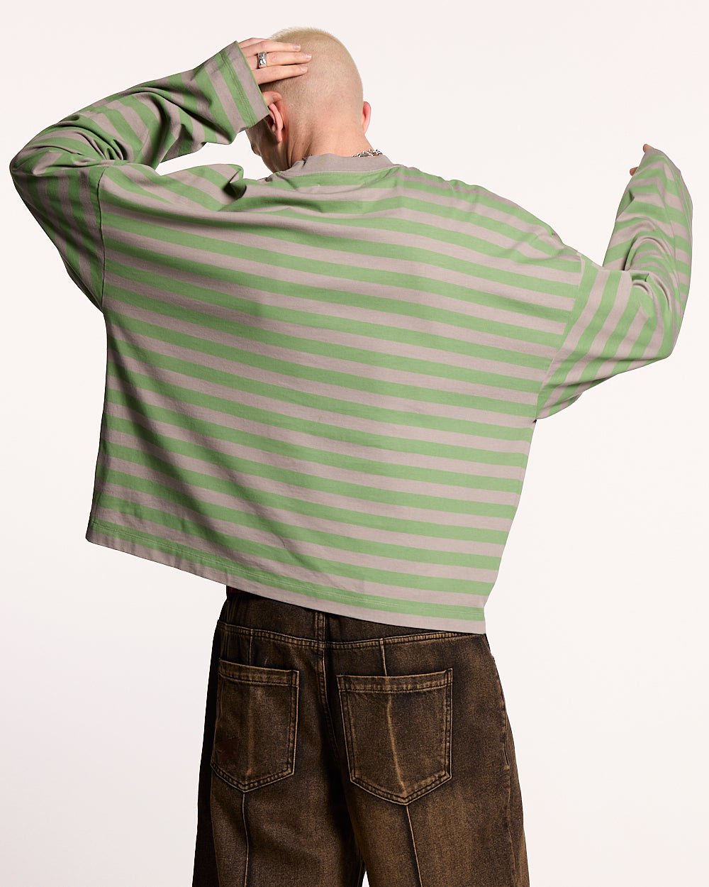 PARDON ME LONGSLEEVE GREEN & GREY - green striped longsleeve tee, back view on male model - Cold Culture #man