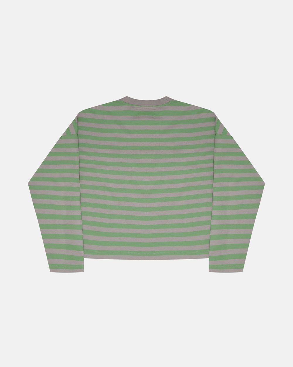 PARDON ME LONGSLEEVE GREEN & GREY - green striped longsleeve tee, back view - Cold Culture #packshot