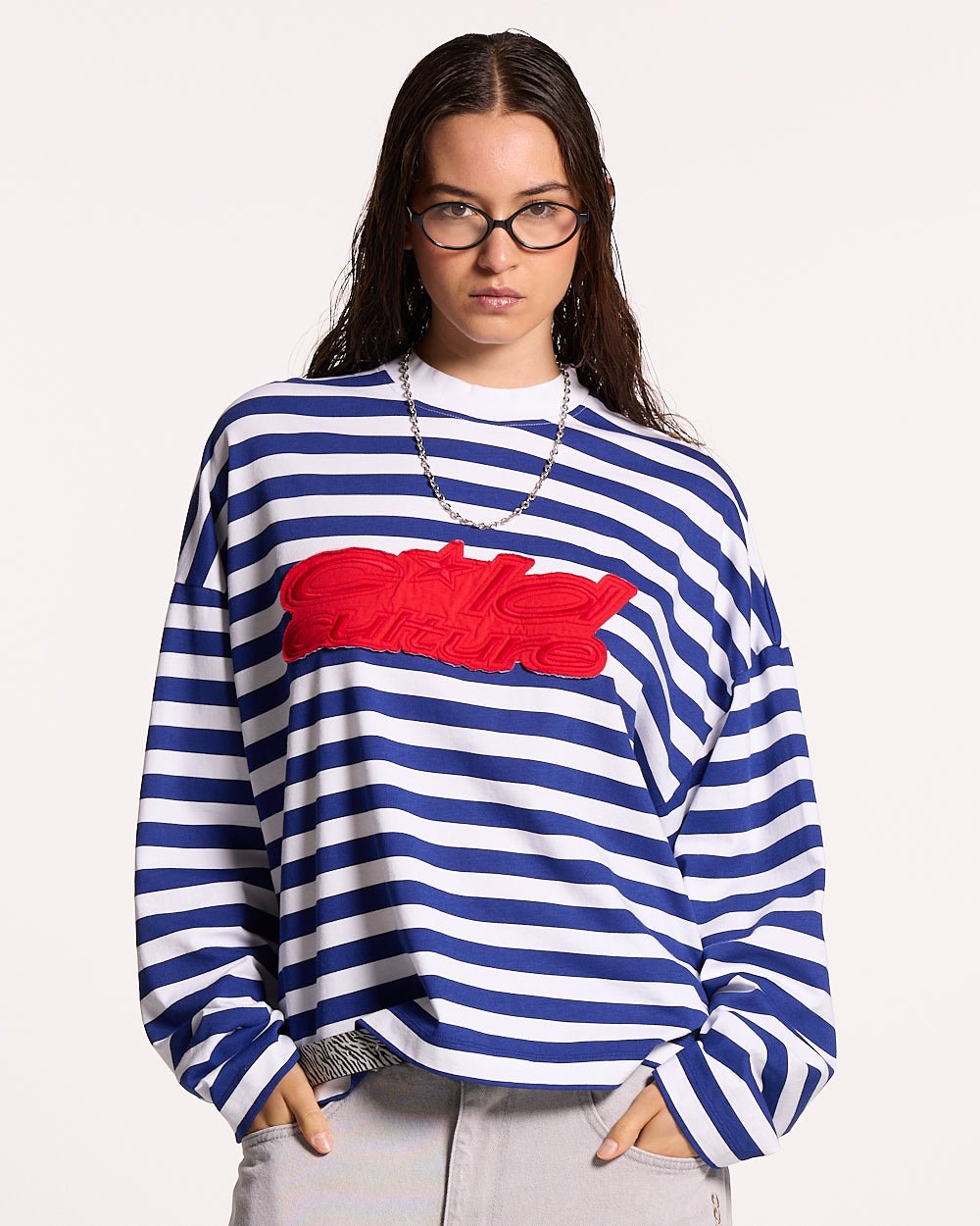 PARDON ME LONGSLEEVE WHITE & NAVY - navy striped longsleeve tee, front view on female model - Cold Culture #woman