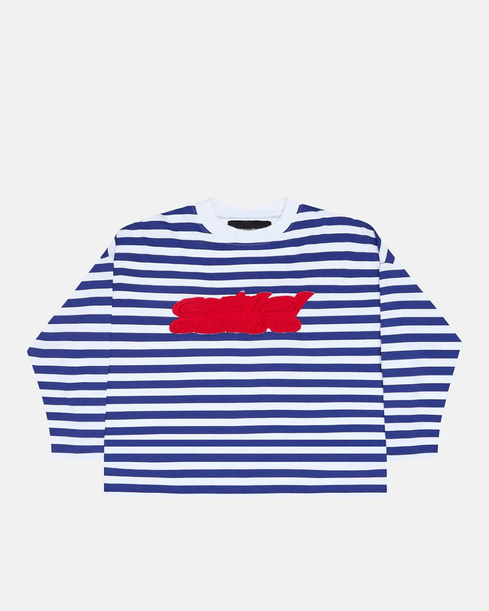 PARDON ME LONGSLEEVE WHITE & NAVY - navy striped longsleeve tee, front view - Cold Culture #packshot