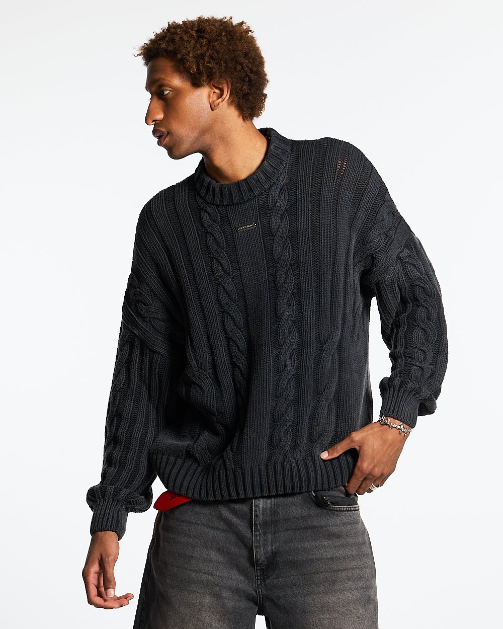 PATTERNED KNIT BLACK - black cable knit sweater, front view on male model - Cold Culture #man