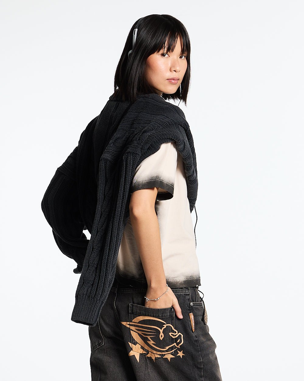 PATTERNED KNIT BLACK - black cable knit sweater, back view on female model - Cold Culture #woman