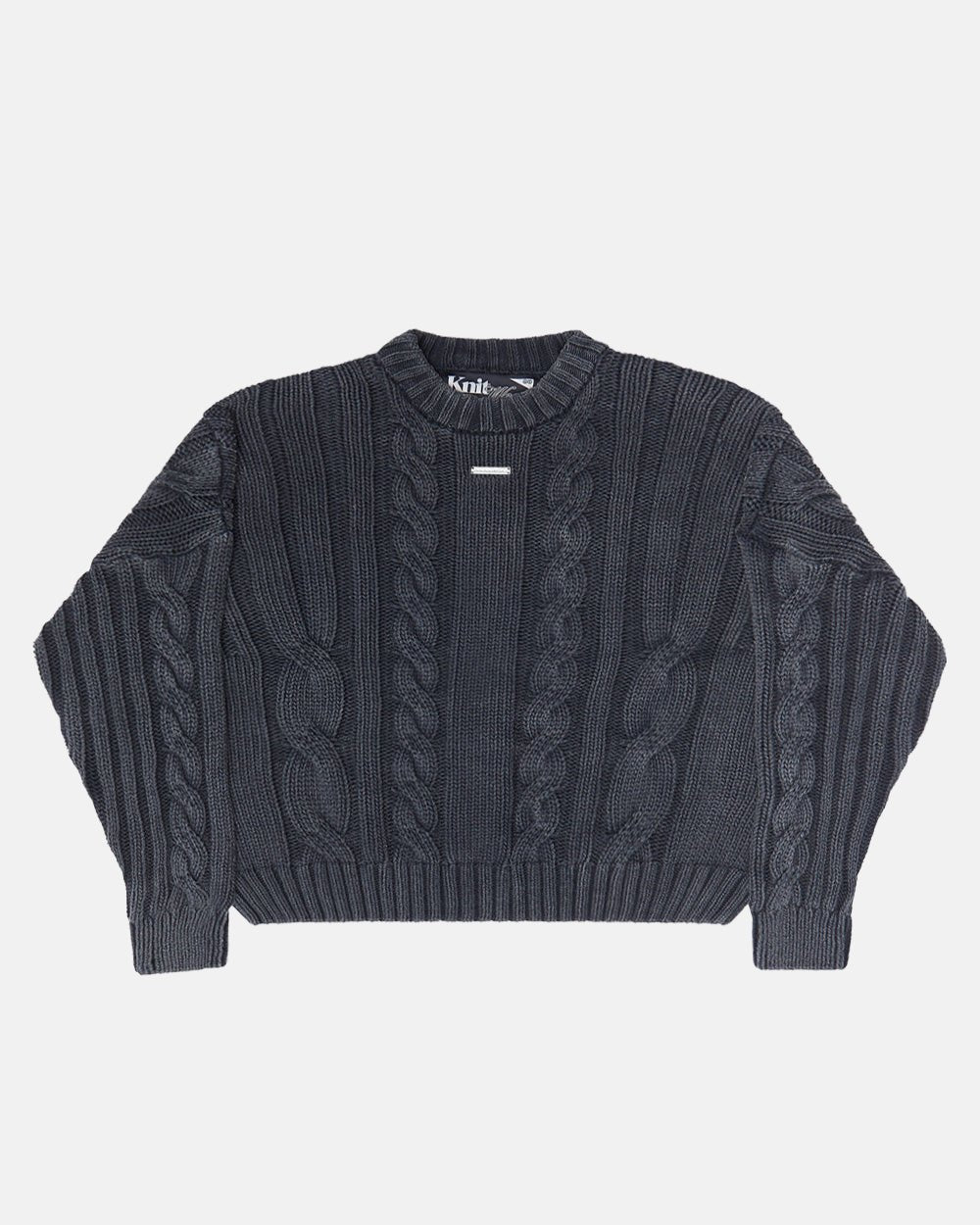 PATTERNED KNIT BLACK - black cable knit sweater, front view - Cold Culture #packshot