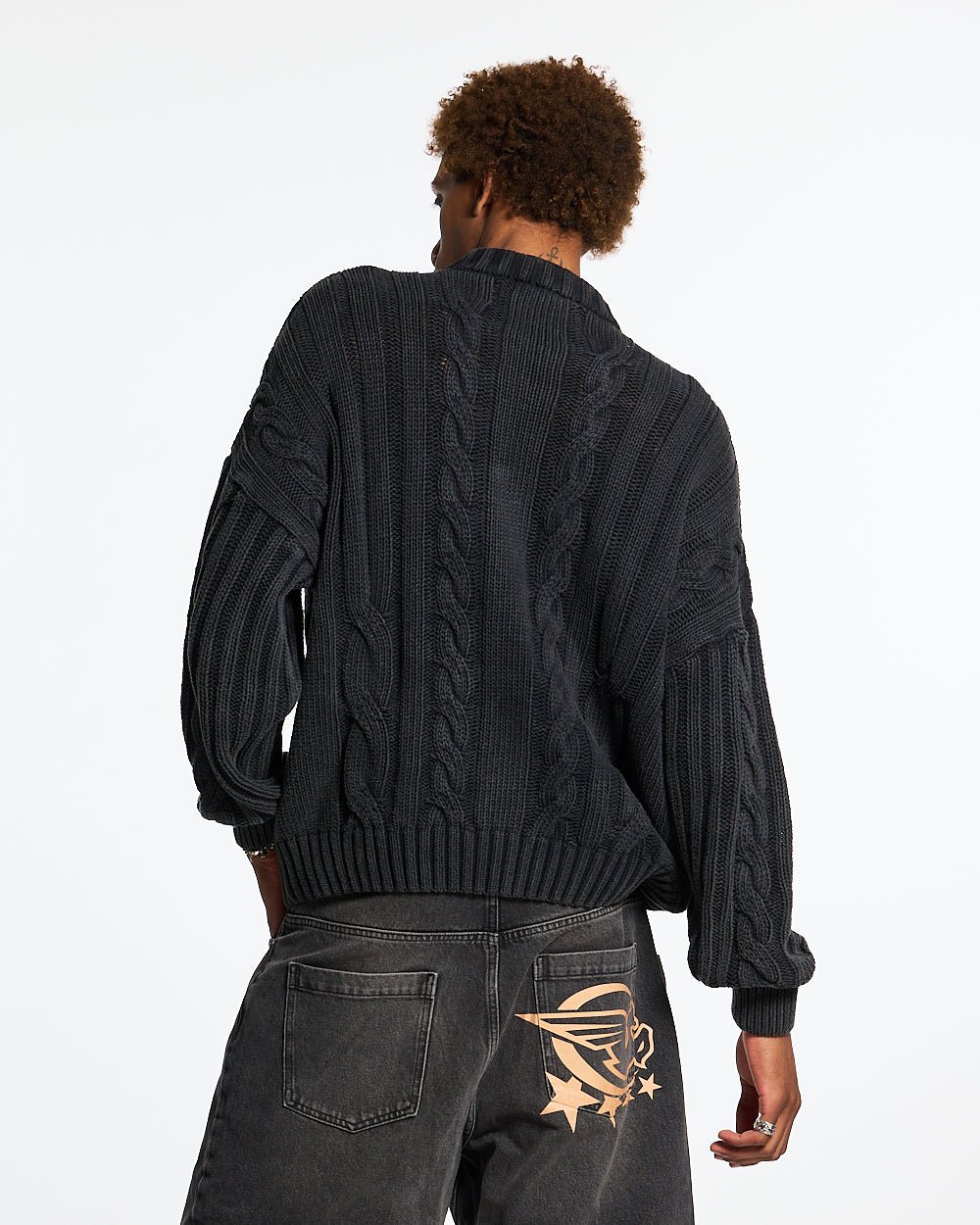 PATTERNED KNIT BLACK - black cable knit sweater, back view on male model - Cold Culture #man