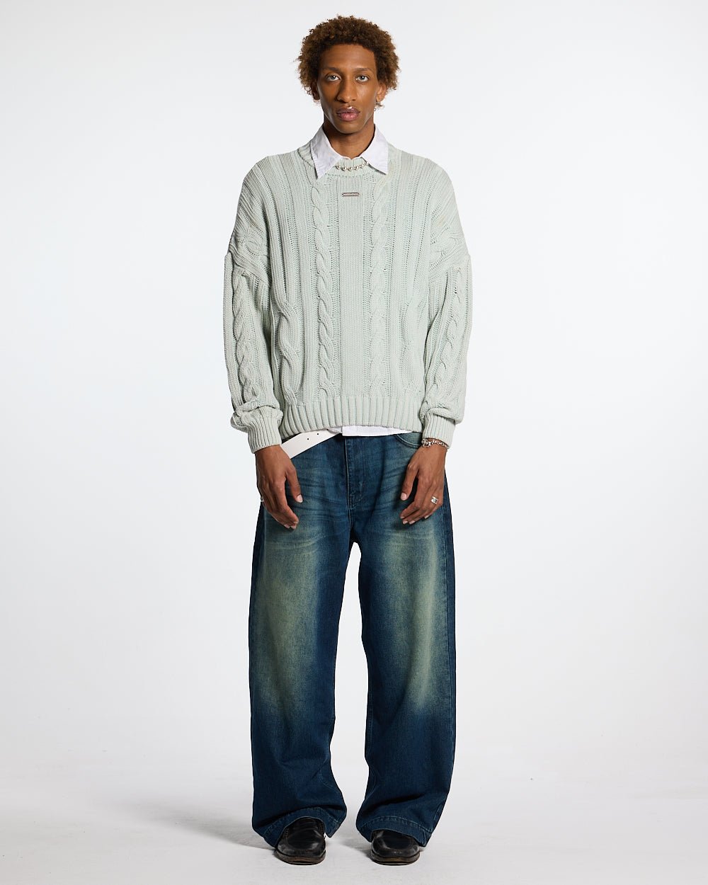 PATTERNED KNIT LIGHT BLUE - light blue cable knit sweater, front view on male model - Cold Culture #man