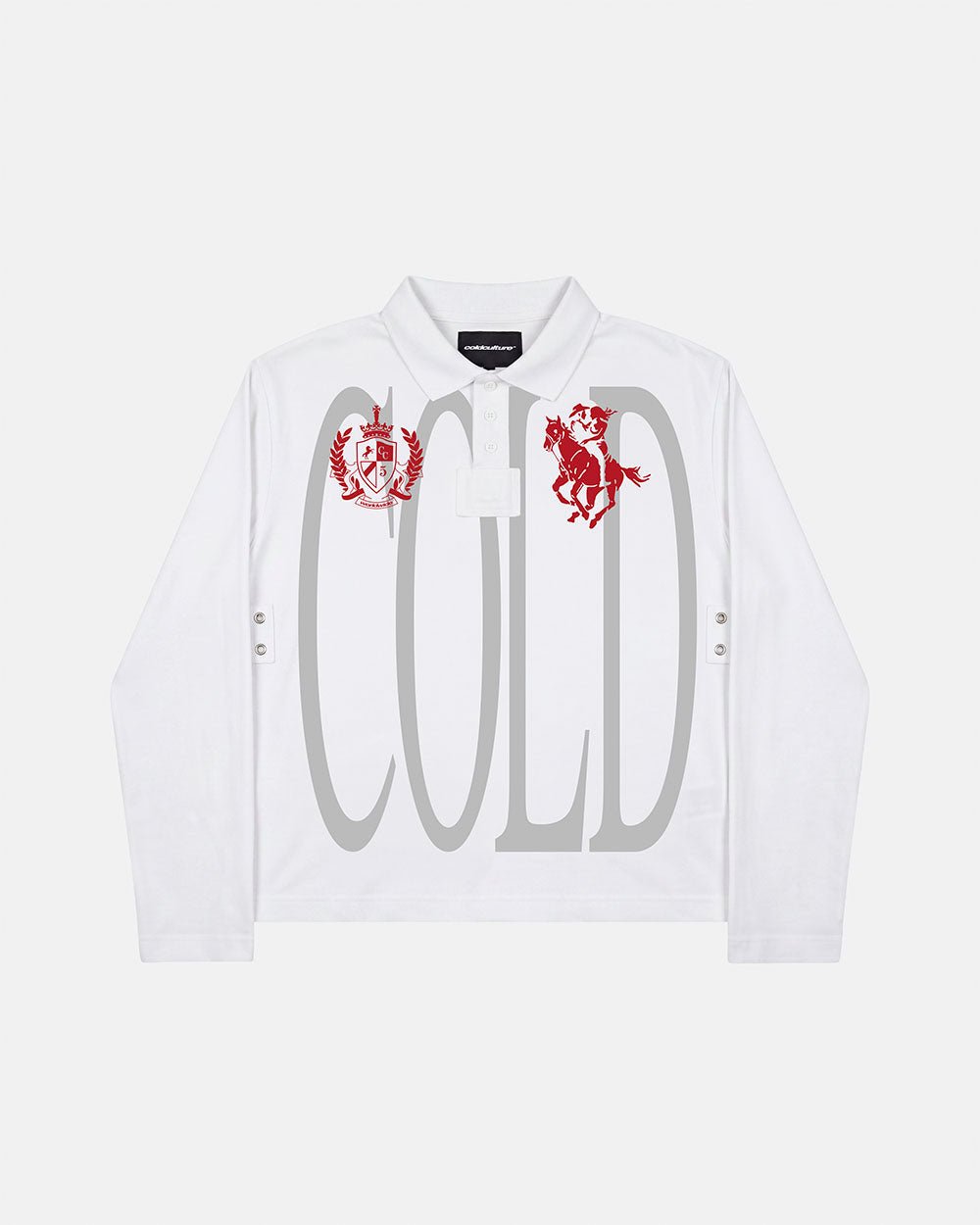 PAUSE LONGSLEEVE POLO WHITE - white graphic longsleeve polo shirt, front view - Cold Culture #packshot