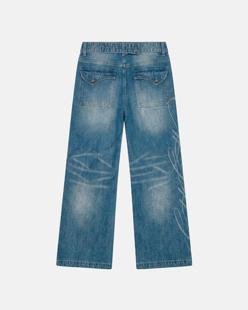 PERFECT SCRIPT PANTS BLUE DENIM - blue denim wide-leg pants, back view - Cold Culture #packshot