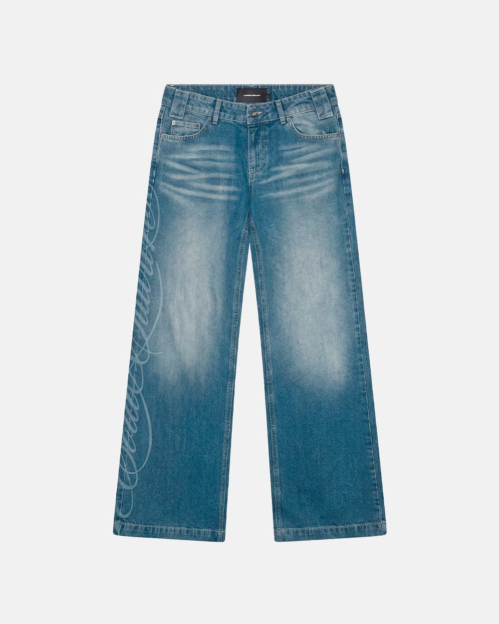 PERFECT SCRIPT PANTS BLUE DENIM - blue denim wide-leg pants, front view - Cold Culture #packshot