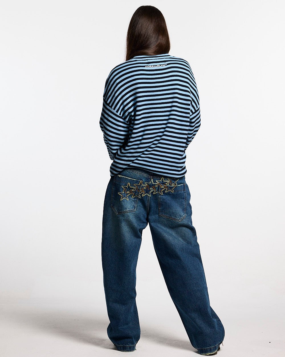 PHARREL LONGSLEEVE DARK & LIGHT BLUE - blue striped longsleeve tee, back view on female model - Cold Culture #woman