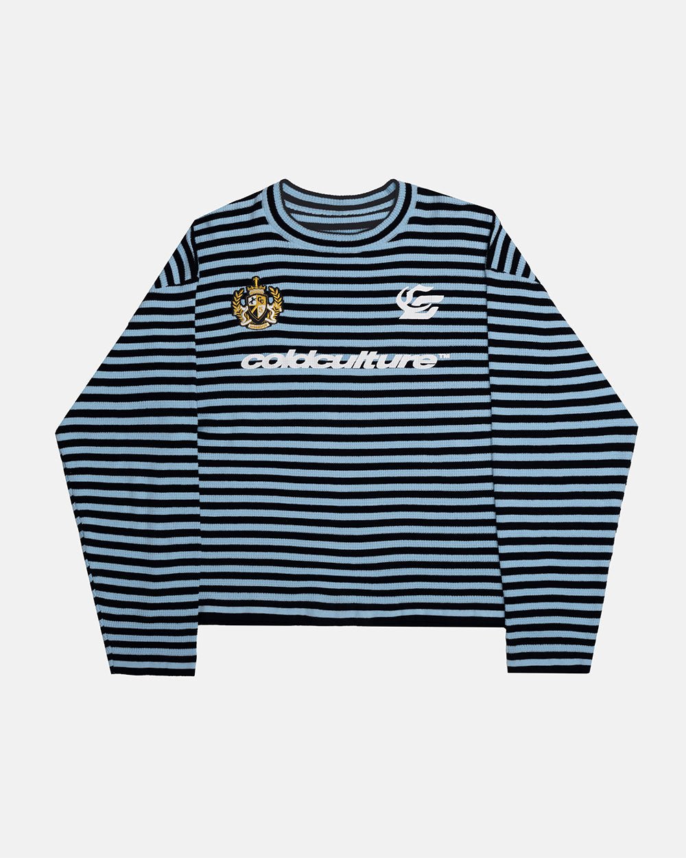 PHARREL LONGSLEEVE DARK & LIGHT BLUE - blue striped longsleeve tee, front view - Cold Culture #packshot