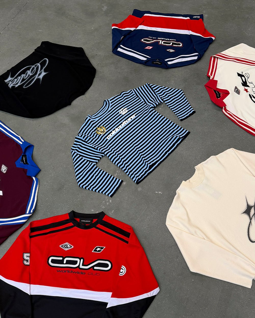 PHARREL LONGSLEEVE DARK & LIGHT BLUE - blue striped longsleeve tee, flat lay with matching pieces - Cold Culture