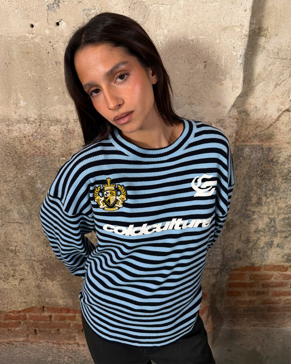 PHARREL LONGSLEEVE DARK & LIGHT BLUE - blue striped longsleeve tee, street style shot - Cold Culture #woman