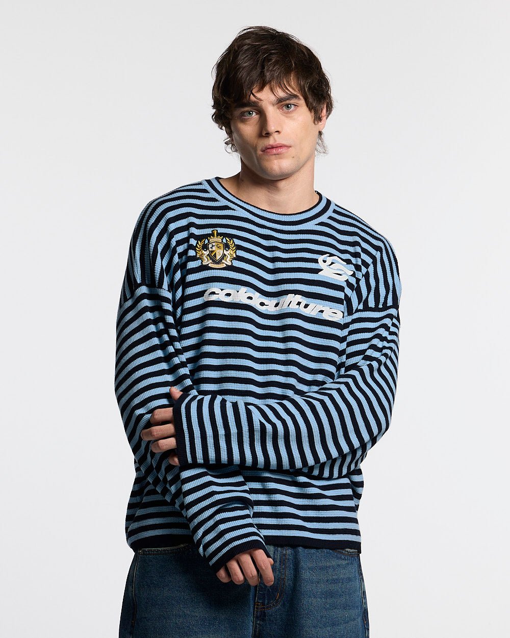 PHARREL LONGSLEEVE DARK & LIGHT BLUE - blue striped longsleeve tee, front view on male model - Cold Culture #man